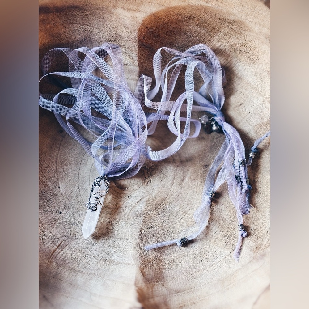 Necklace / Floral Wrapped Quartz & Tulle